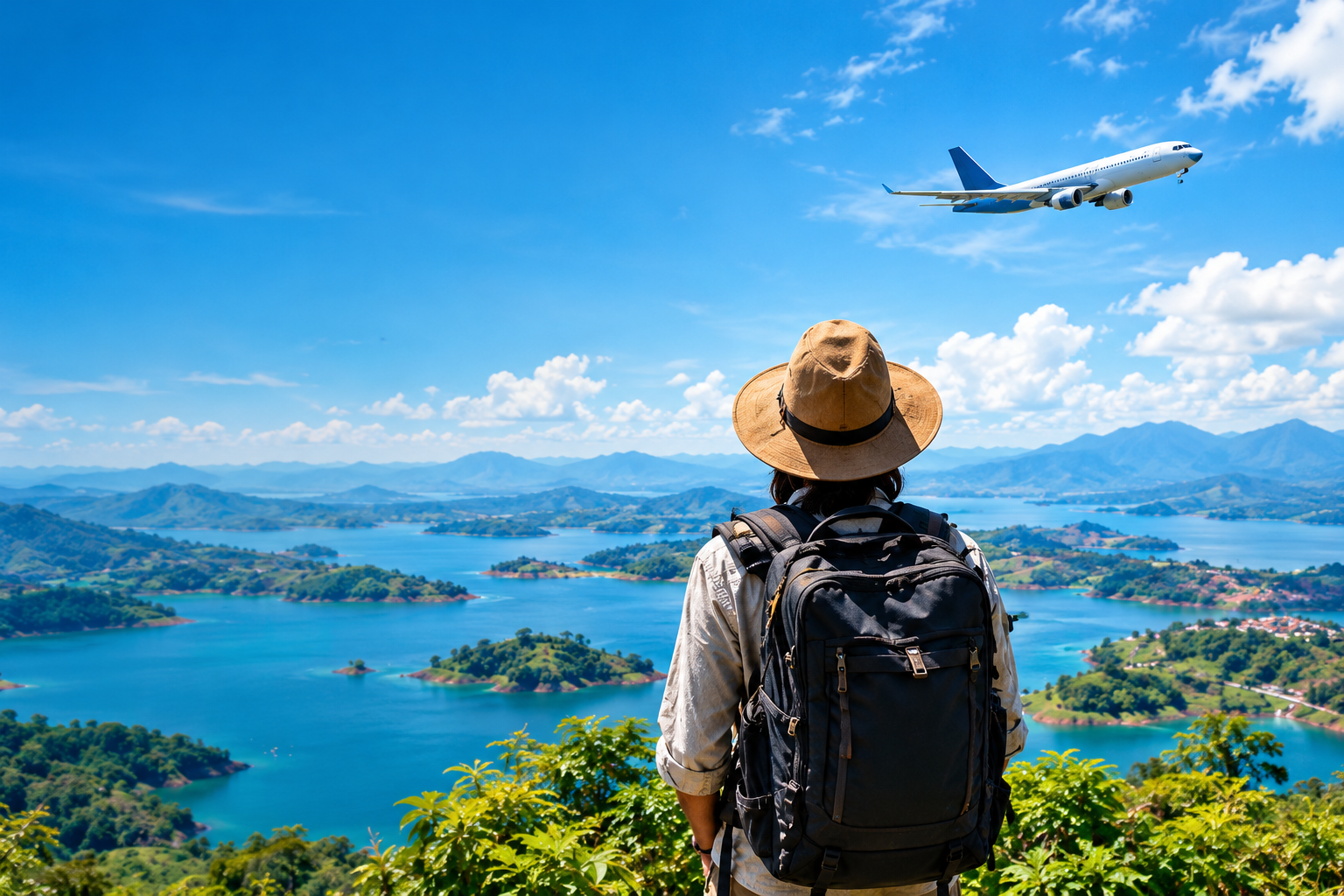 Traveller with a backpack looking over a lake as a plane flies overhead